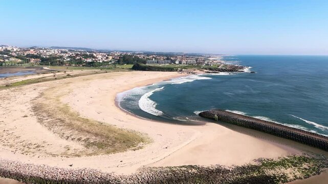 Drone view of Praia Cabedelo do Douro in Porto, Portugal