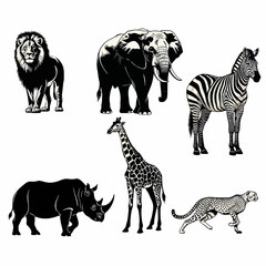ic African wildlife including a lion, elephant, zebra, giraffe, rhinoceros, and cheetah