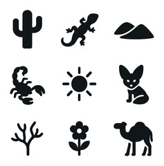 Desert Biodiversity Icons. Solid, filled icons set of desert and arid zone biodiversity: cactus, lizard, sand