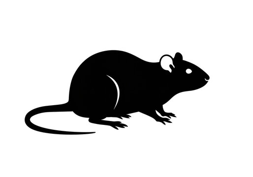 A silhouette of a rat with a long tail and small ears on a plain white background illustration