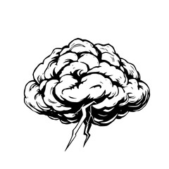 Storm Brain: A bold black and white line art illustration depicts a stylized brain with lightning bolts, conveying power and intensity.