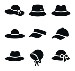 Summer Hat Styles. Solid, filled icons set of summer hat styles: floppy hat, bucket hat, straw fedora, wide