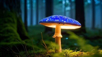 Illuminated mushroom with blue cap and white spots glowing in mysterious forest
