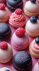 Colorful macarons topped with fresh raspberries and blueberries are arranged pink background, creating delightful and vibrant display of sweet treats. assortment includes various flavors