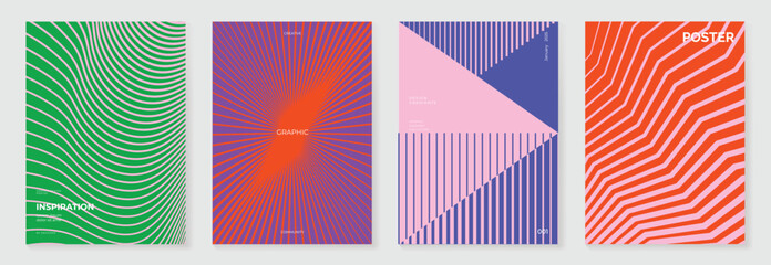 Naklejka na ściany i meble Abstract line wave gradient poster background vector set. Minimalist cover template with vibrant perspective line wave in motion. Ideal design for social media, cover, banner, flyer, music, ads.