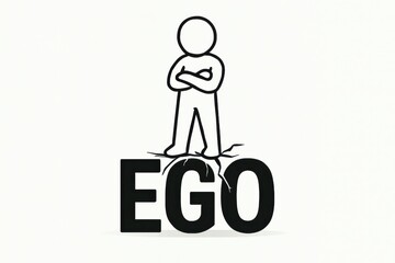 stick figure standing proudly on cracking ego text in minimalist style
