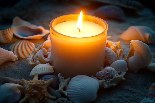 burning andle on sea shells