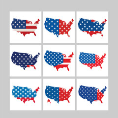 4th of July map vector set of the USA featuring fireworks and flags—great for celebrations, digital graphics, and national event promotions.