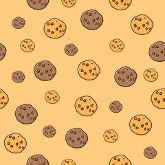 Seamless vector illustration of cookies with choco chips on brown background