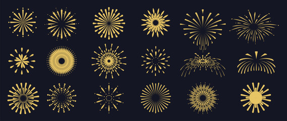 Set of new year firework vector illustration. Collection of glow gold fireworks on dark background. Art design suitable for decoration, print, poster, banner, wallpaper, card, cover.