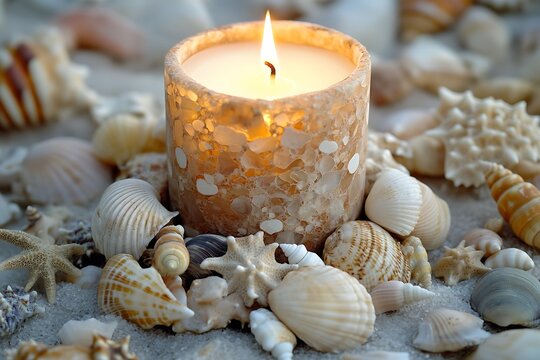 burning andle on sea shells
