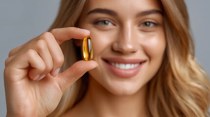 Smiling woman holding a golden supplement capsule