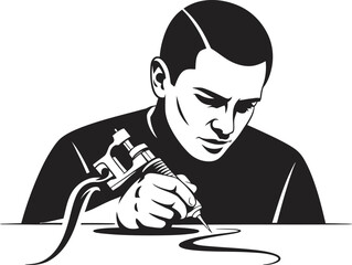 Ink Master at Work: An artisan, deep in concentration, skillfully wields a tattoo machine, etching a flowing design onto a surface, creating a personalized work of art. 