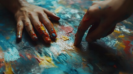 little hands smearing paint on paper during a messy finger painting session, vivid colors and textures 
