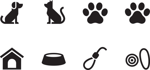 Fototapeta premium Pet Care Icons: A collection of monochrome pet-related icons, including dog, cat, paw prints, doghouse, bowl, leash, and pet toy.