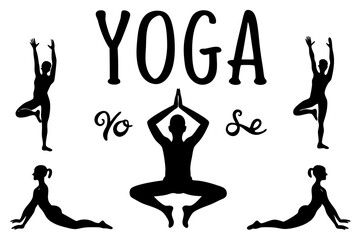 Yoga poses silhouettes of various asanas