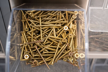 Detailed shot of assorted screws organized in transparent containers on a shelf. Perfect for construction or repair projects.