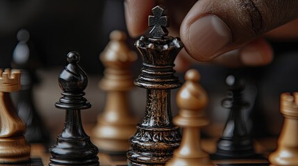 Close-up view of a chess piece being moved.