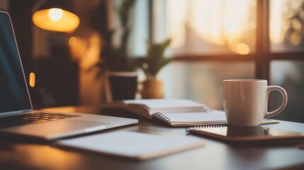 Cozy workspace with laptop, notebooks, tablet and coffee mug bathed in warm light