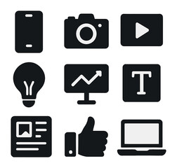 Creative Icons Grid. Solid, filled icons set of creative content planning: smartphone icon, camera icon, video