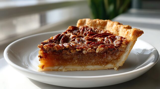 A slice of pecan pie served on a white plate, showcasing its rich filling and golden crust. - Powered by Adobe