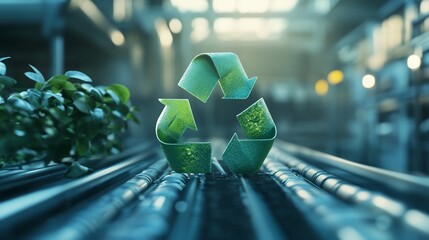 Green recycle symbol on a conveyor belt, symbolizing environmental sustainability