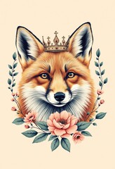 Majestic Fox with Crown Surrounded by Leaves and Floral Elements