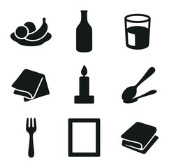 Fototapeta premium Minimalist Still Life Icons. Solid, filled icons set of minimalist still life: fruit on plate, bottle