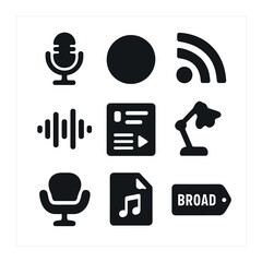 Podcast Icon Set. Solid, filled icons set of podcast broadcasting: podcast mic, record button, RSS feed,