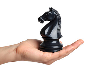 Hand Holding Black Onyx Chess Knight – Luxury Game Piece Isolated on White