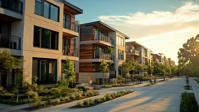 Row of Modern Beige Townhouses with Wooden Accents along Sunny Roadside at Golden Hour with Blue Sky in a Residential Area with Trees