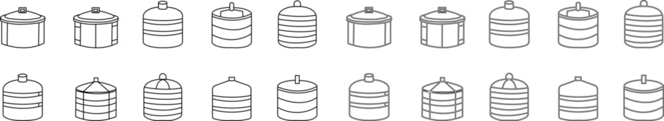 storage tank icon set, The cylindrical structure showcases a weathered texture, hinting at a history of storage and industry, Modern outline tank logo concept, vector design template elements icons,