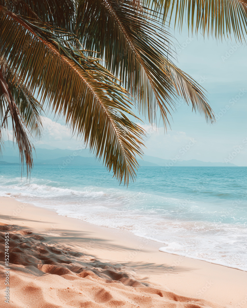 Aufkleber a palm tree is in the foreground of a beach with the ocean in the background. the palm tree is casti