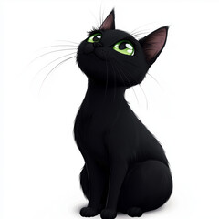 Obraz premium A cartoon black cat with captivating green eyes gazes upward, exuding curiosity and charm. Capturing the playful spirit of a curious feline with a hint of mystery.