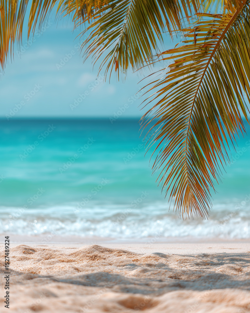 Aufkleber a palm tree is in front of the ocean, with the water in the background. the image has a calm and pea
