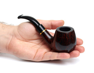 Hand Holding Obsidian Smoking Pipe with Polished Bowl – Natural Stone Accessory Isolated on White