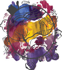 Monotype illustration based on a bright multi-colored spot