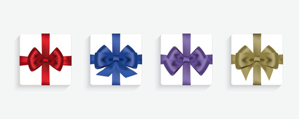 Realistic Gift Box Vector Set for Christmas, Birthday, and Holiday Celebrations. White Boxes with Red, Blue, Purple, and Gold Satin Ribbon Bows. Perfect for Festive and Greeting Design, and Packaging