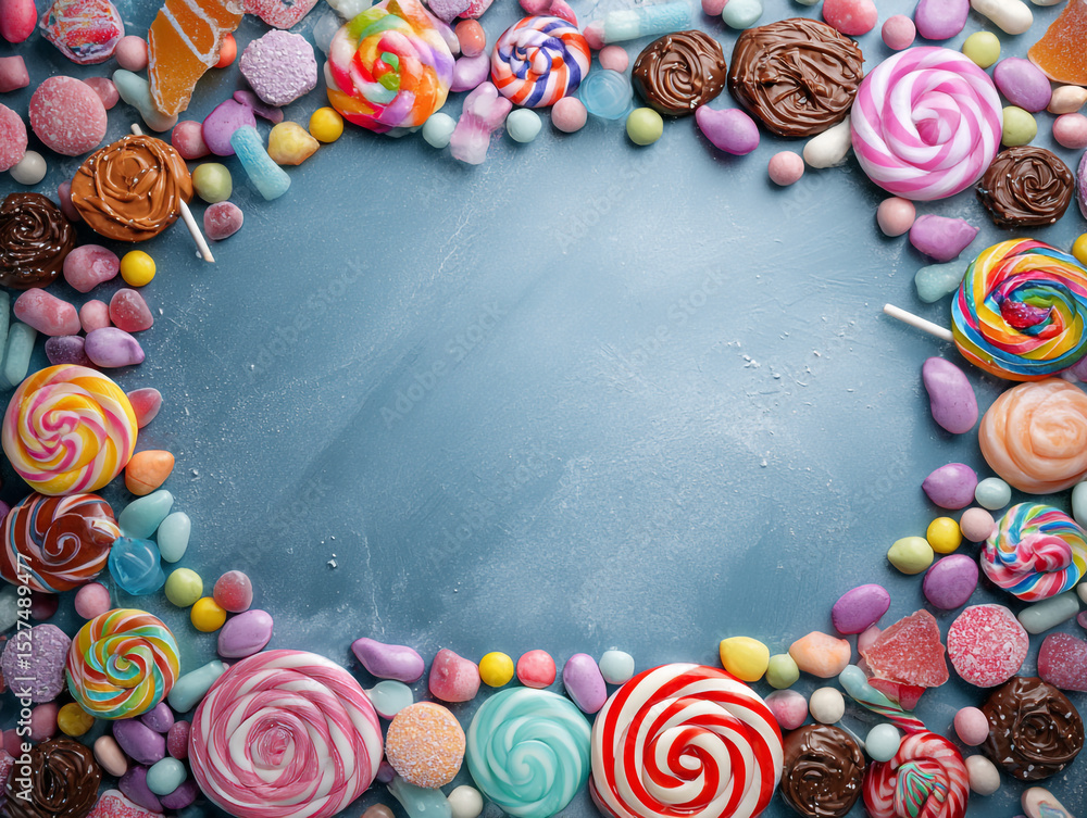 Poster arrangement of colorful candies and lollipops on a blue surface creating a frame or border design fo