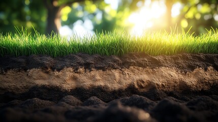 Close-up of soil and grass under sunlight.