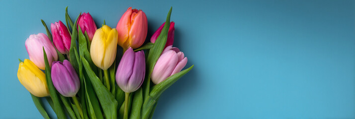 Obraz premium A bouquet of tulips in a vase on a blue background. The tulips are in various colors, including pink, yellow, and purple. The arrangement is vibrant and cheerful, creating a sense of warmth
