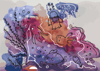 Monotype illustration of sea creatures based on a bright multi-colored spot