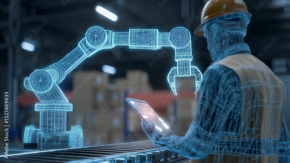 Poster hologram of an industrial robotic arm being controlled by an engineer using a digital tablet, showca
