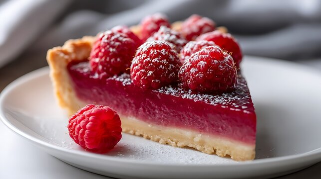 Slice of Raspberry Tart with Fresh Berries and Powdered Sugar