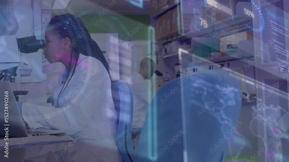 Poster scientist placing slide under microscope causing overlays tracking experiment progress