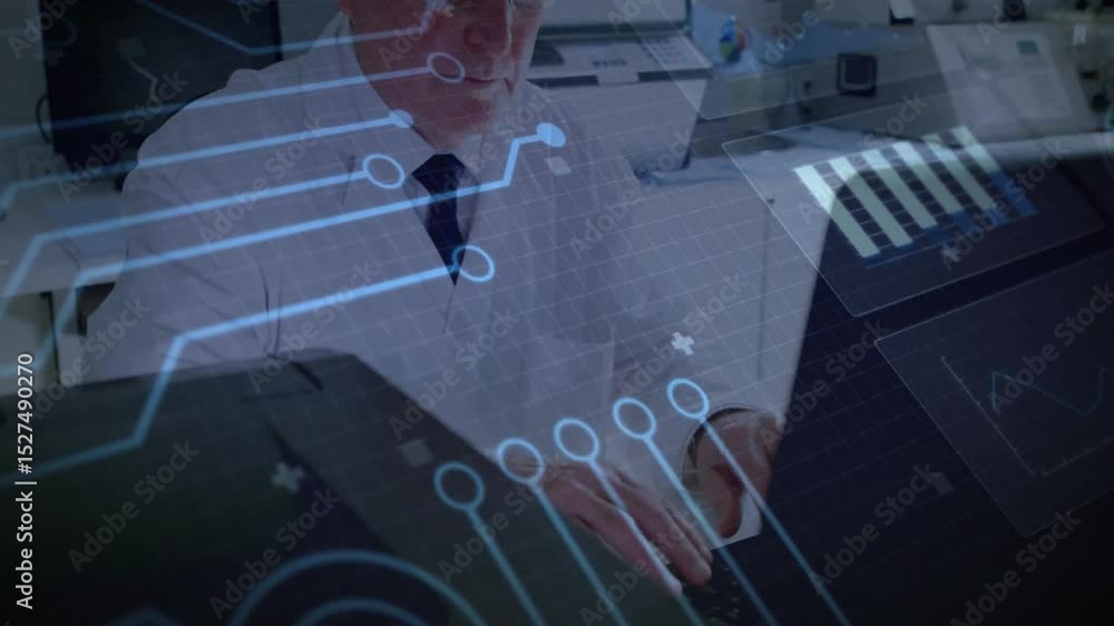 Poster senior male analyst typing on keyboard showing tech graphics and data charts pausing to analyze