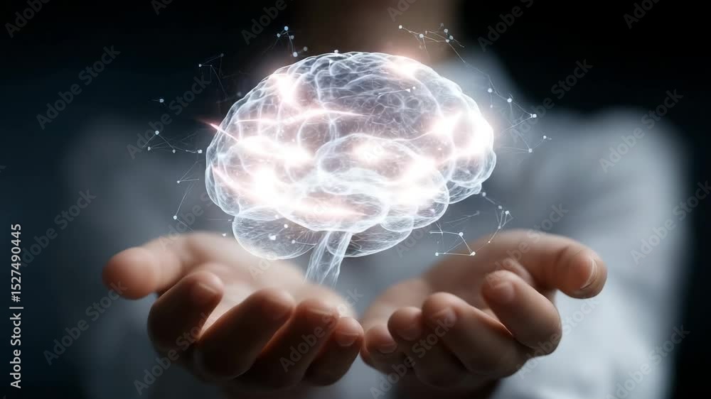 Poster human hands cradle rotating brain with glowing, pulsating synapses—striking visual metaphor for neur