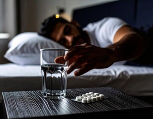 A sick person in bed reaching out for a glass of water and pills on a nightstand, soft moody morning light