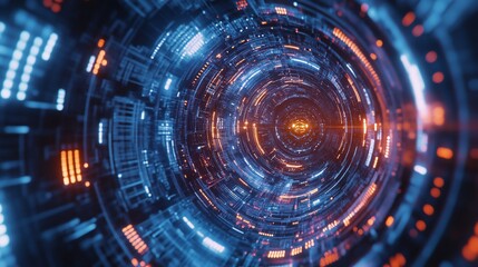 Abstract Technological Tunnel with Glowing Lights and Intricate Patterns