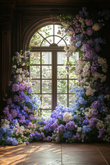 Beautiful arched window is adorned with vibrant purple, blue, and white flowers, creating serene and enchanting atmosphere. Sunlight filters through, casting gentle shadows on wooden floor